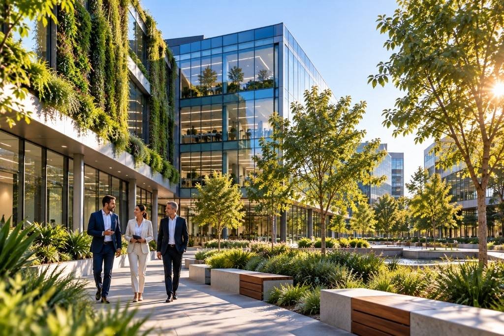 Business professionals in a modern sustainable commercial environment.