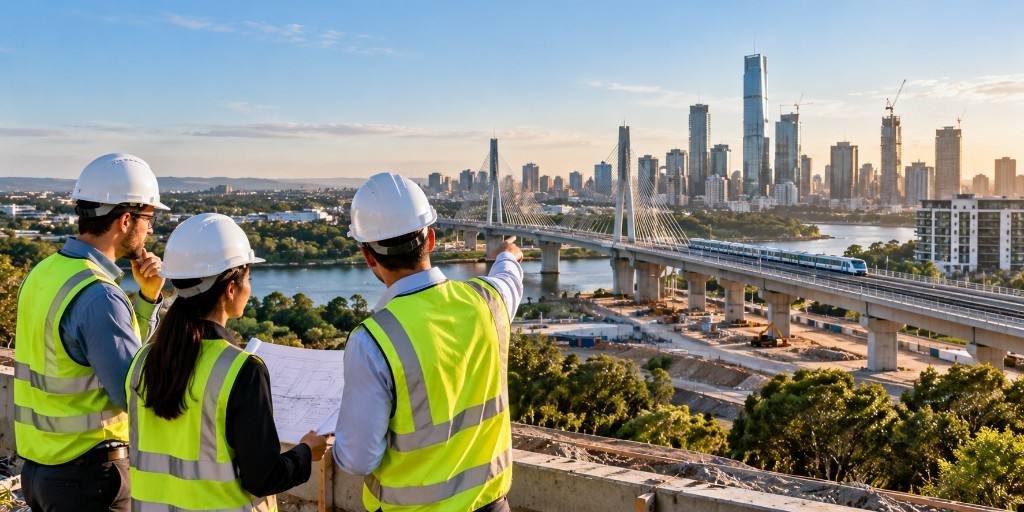Sustainability professionals reviewing a major infrastructure and transport development.