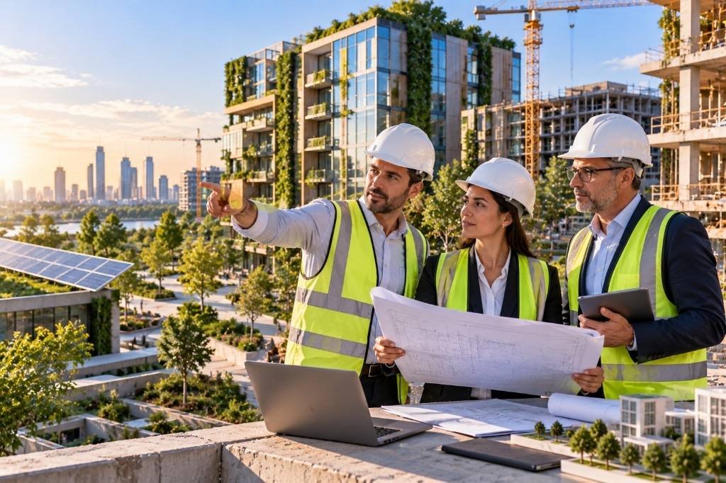 Sustainability professionals reviewing plans for a modern sustainable property development.