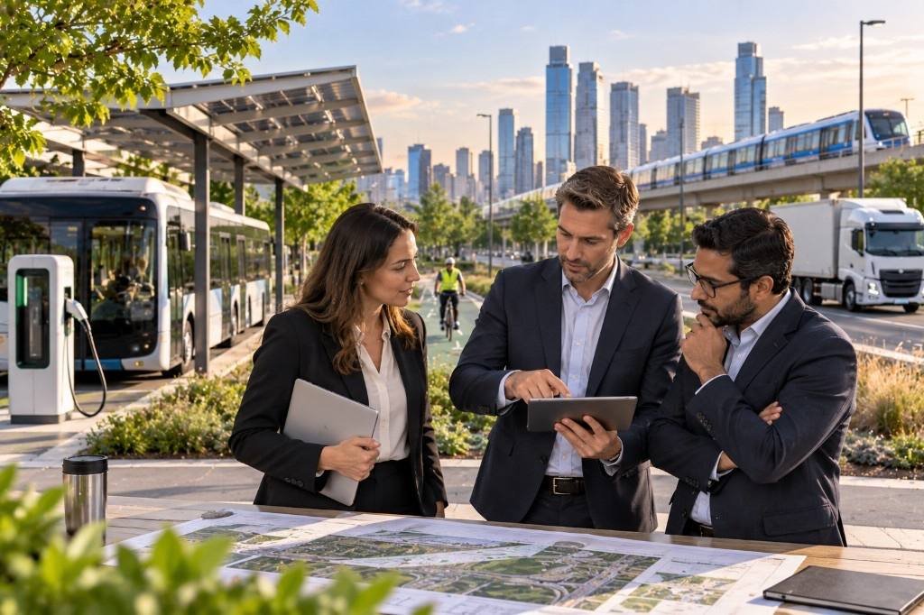 Sustainability professionals reviewing modern low-emission transport infrastructure.
